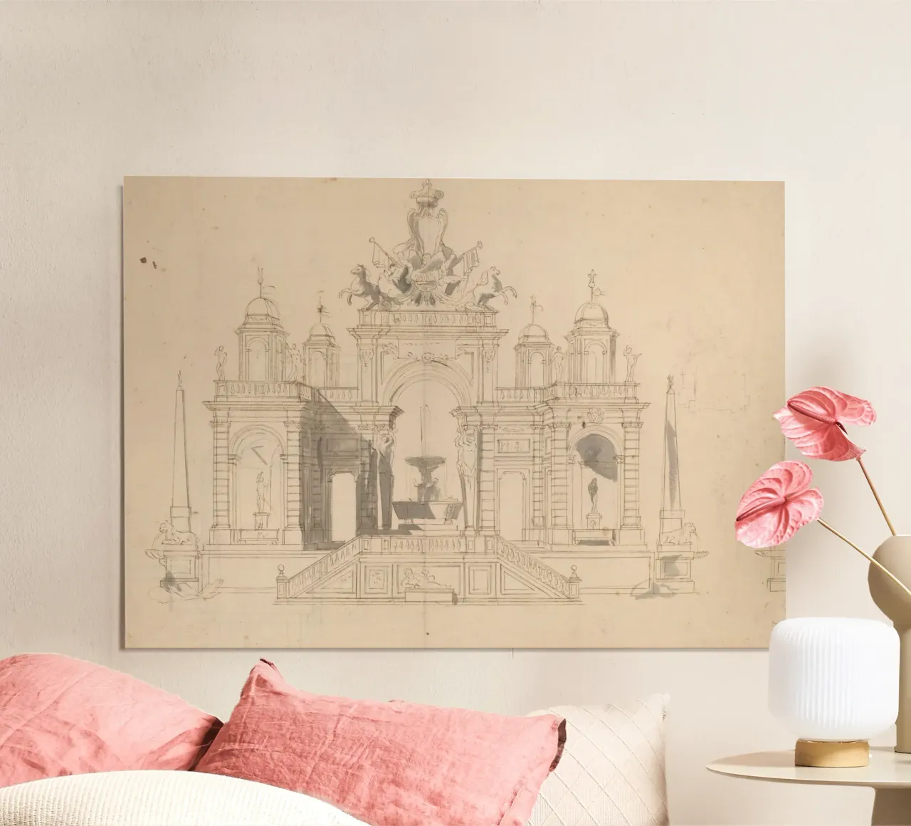 Schizzo di fontana d'epoca - Disegno architettonico classico poster con telaio in legno da ClubArt