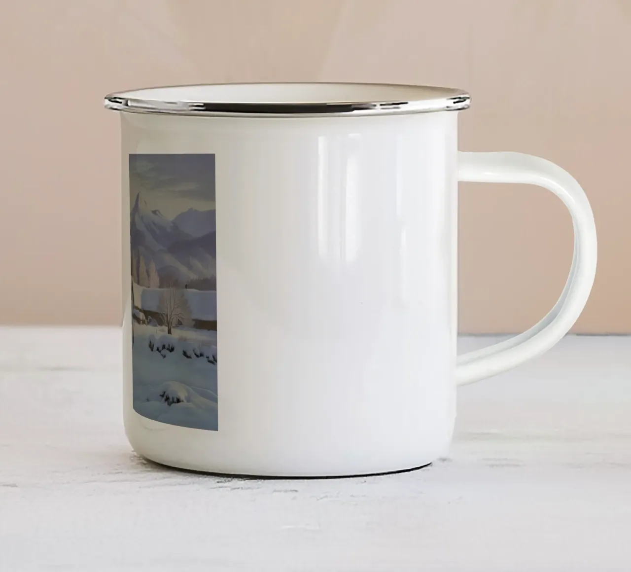 Winter Cabin Haven enamel mug by Radiance Landscape