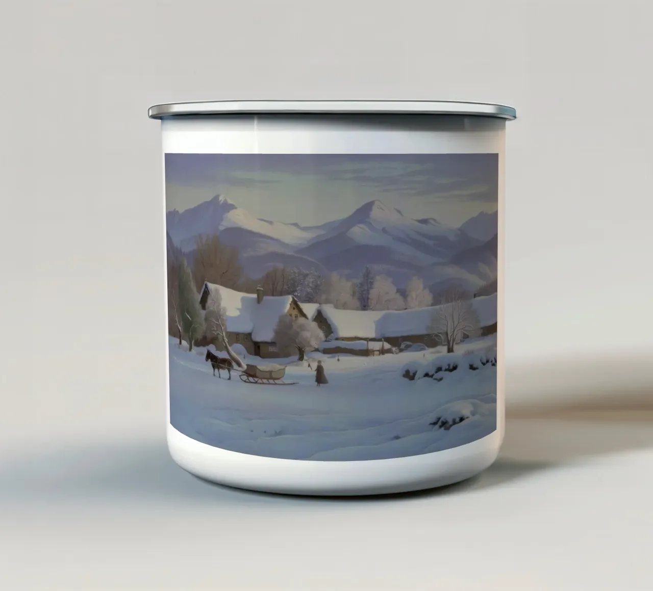 Winter Cabin Haven enamel mug by Radiance Landscape