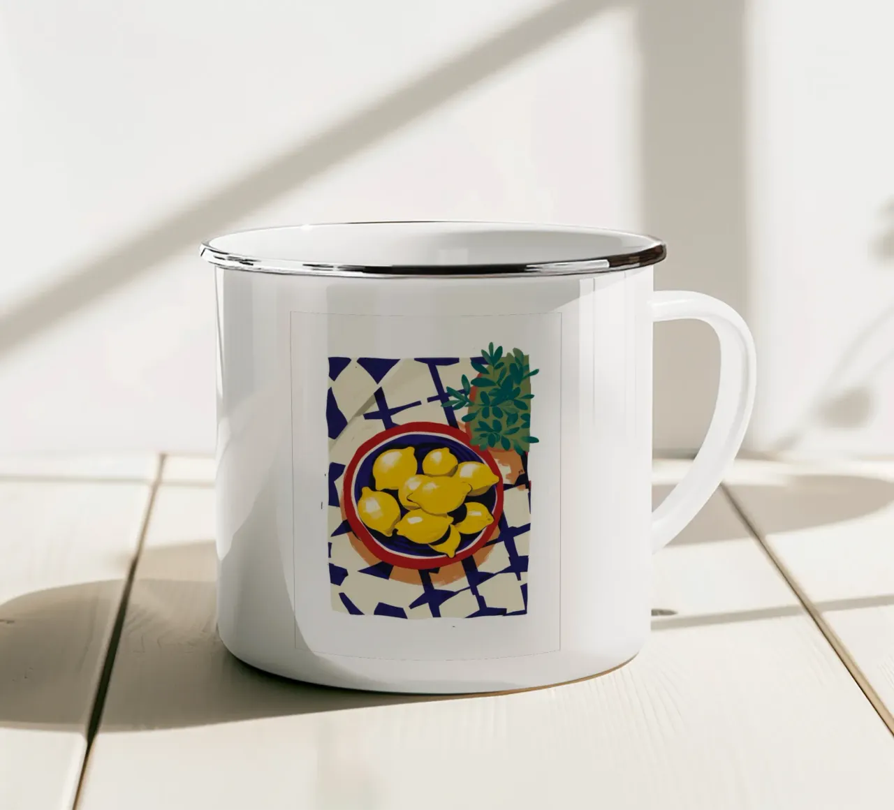 Checkered Lemon Light enamel mug by Moonlite Desire