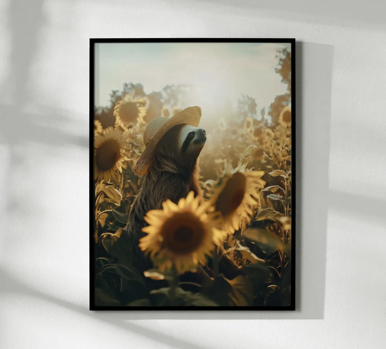 Meditazione bradipo con girasoli poster con telaio in legno da SlothStella