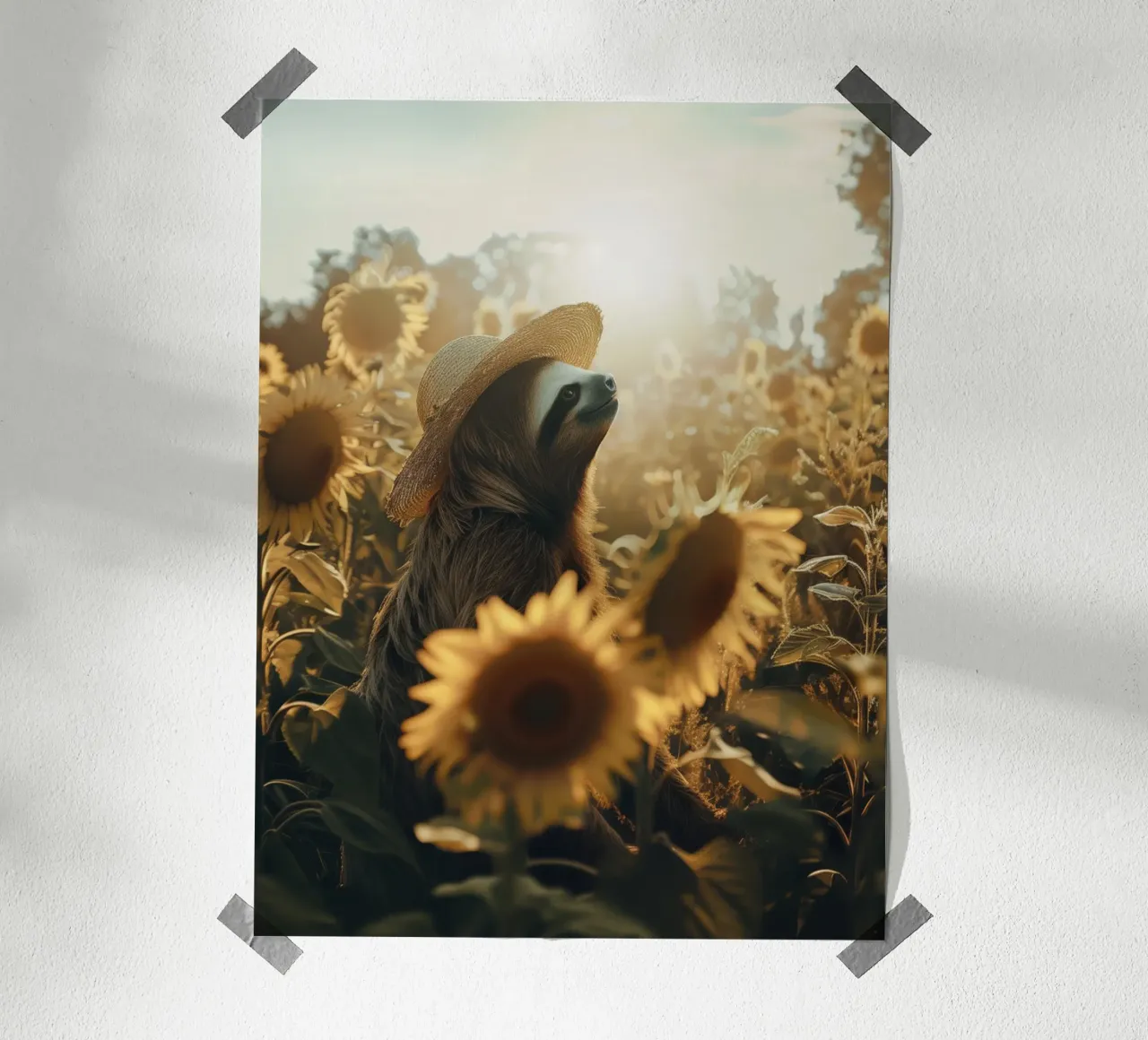 Meditazione bradipo con girasoli poster con telaio in legno da SlothStella