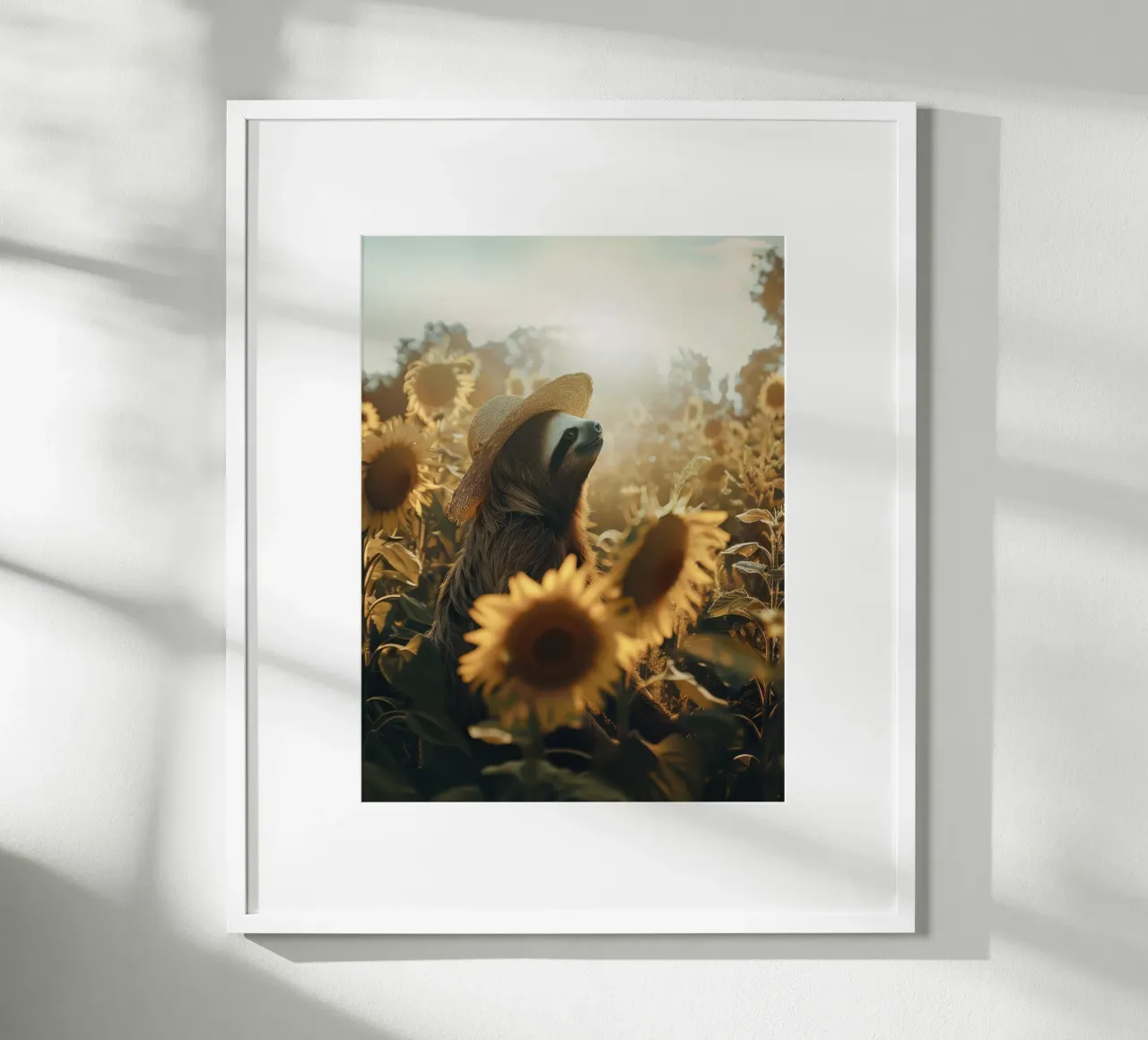 Meditazione bradipo con girasoli poster con telaio in legno da SlothStella
