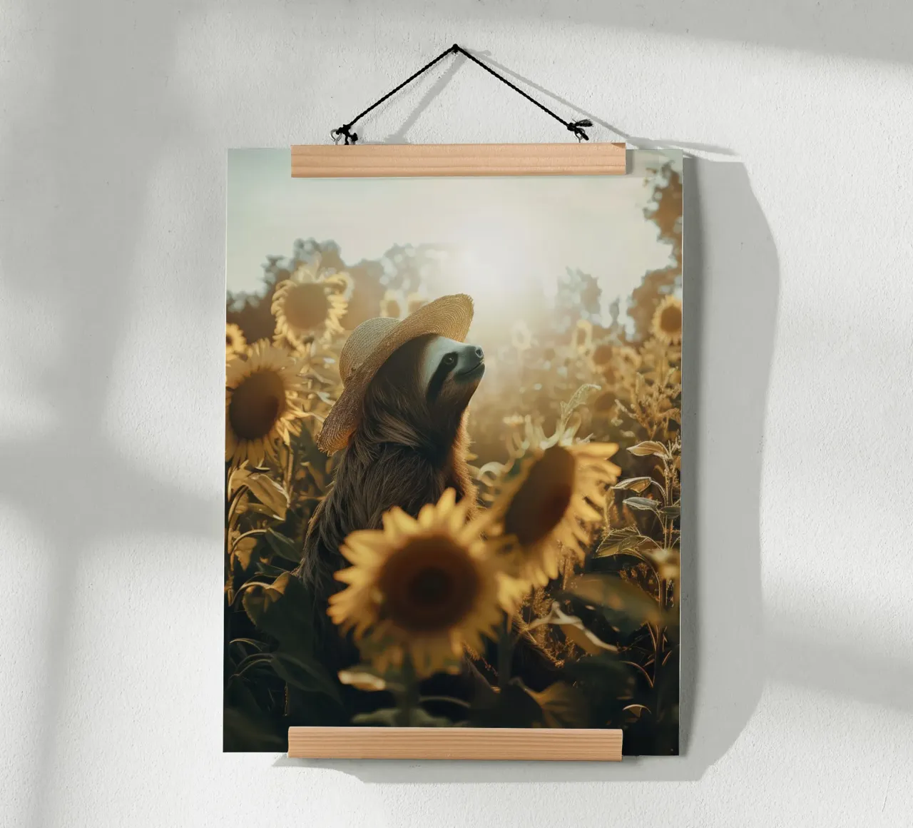 Meditazione bradipo con girasoli poster con telaio in legno da SlothStella