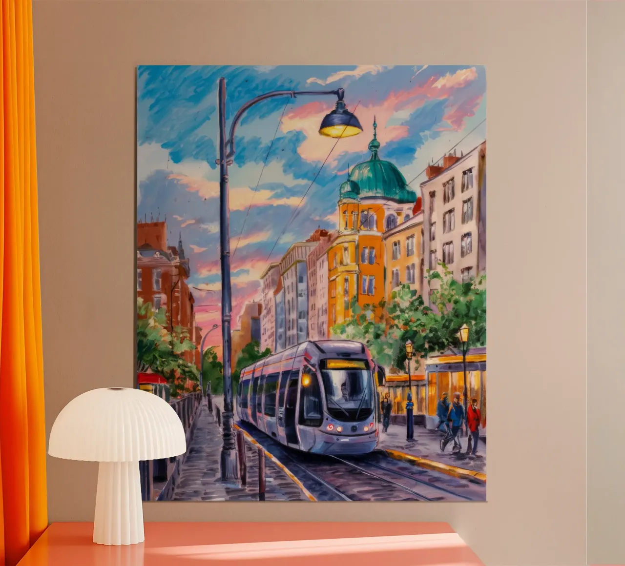 Tram urbano crepuscolare poster con telaio in alluminio da Lush Essence