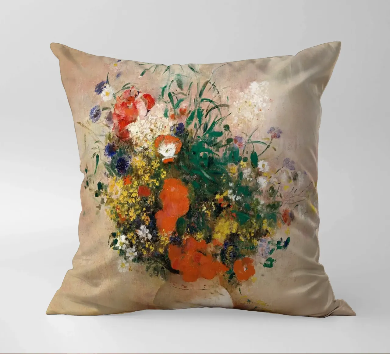 Odilon Redon’s Vase of Flowers (Pink Background) (1906) decorative cushion by Venus Art