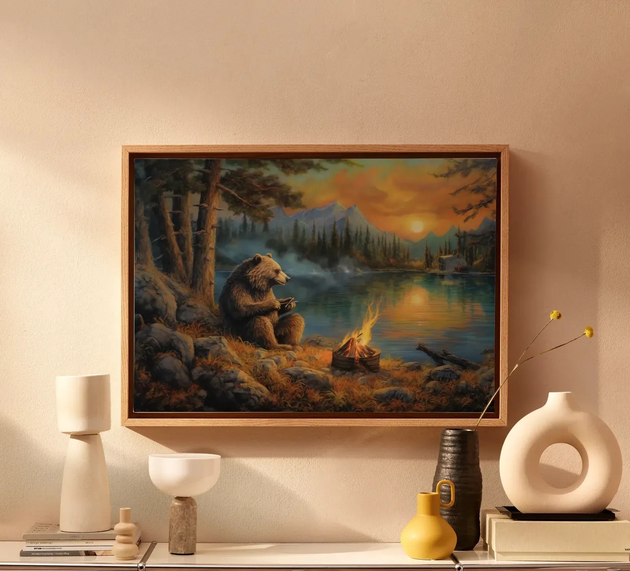 Grizzly beer kampvuur canvas met Baklijst van Fleur de Lys