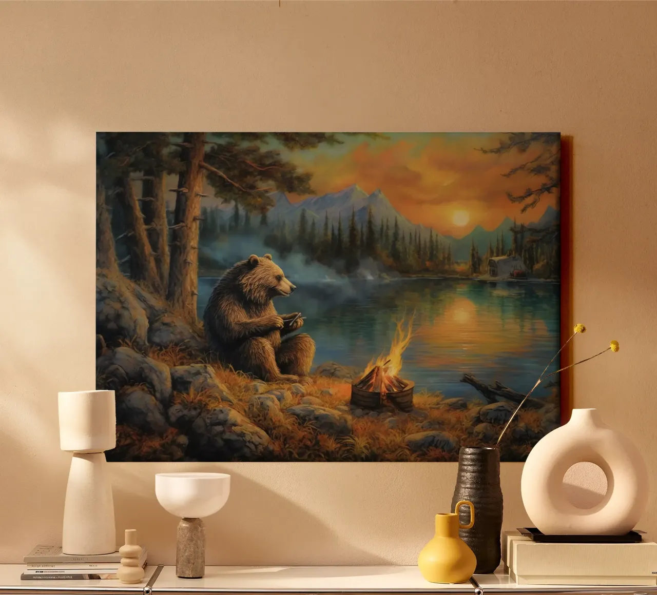 Grizzly beer kampvuur canvas met Baklijst van Fleur de Lys