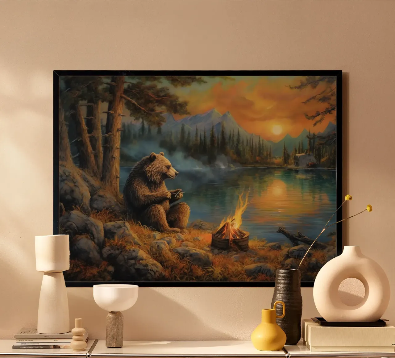 Falò dell'orso grizzly poster con telaio in legno da Fleur de Lys