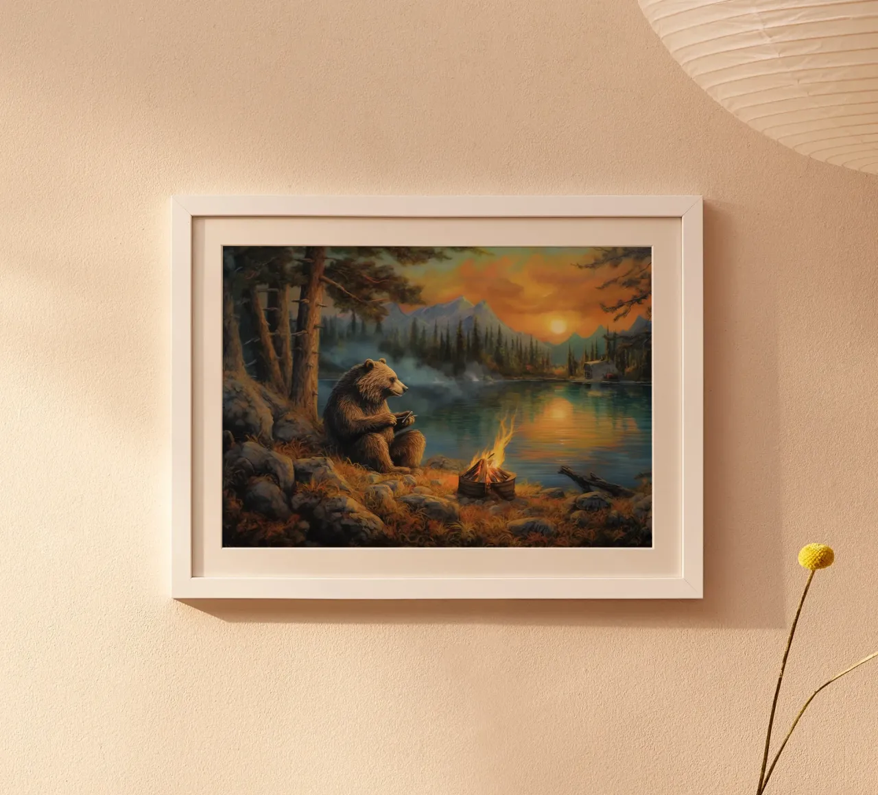 Falò dell'orso grizzly poster con telaio in legno da Fleur de Lys