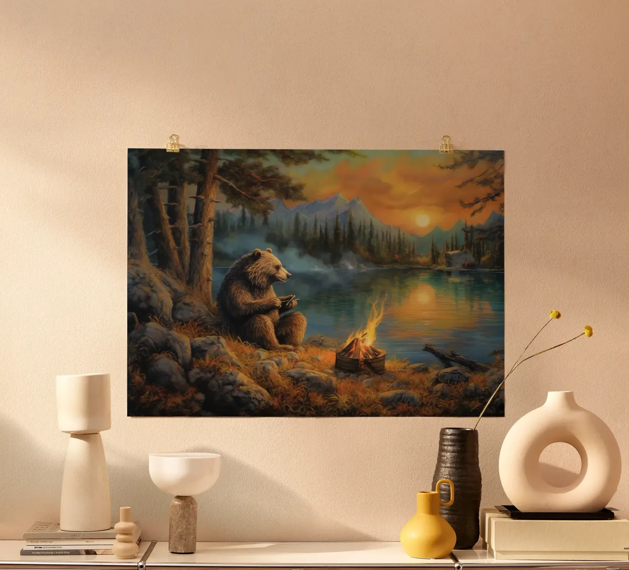 Falò dell'orso grizzly poster con telaio in legno da Fleur de Lys