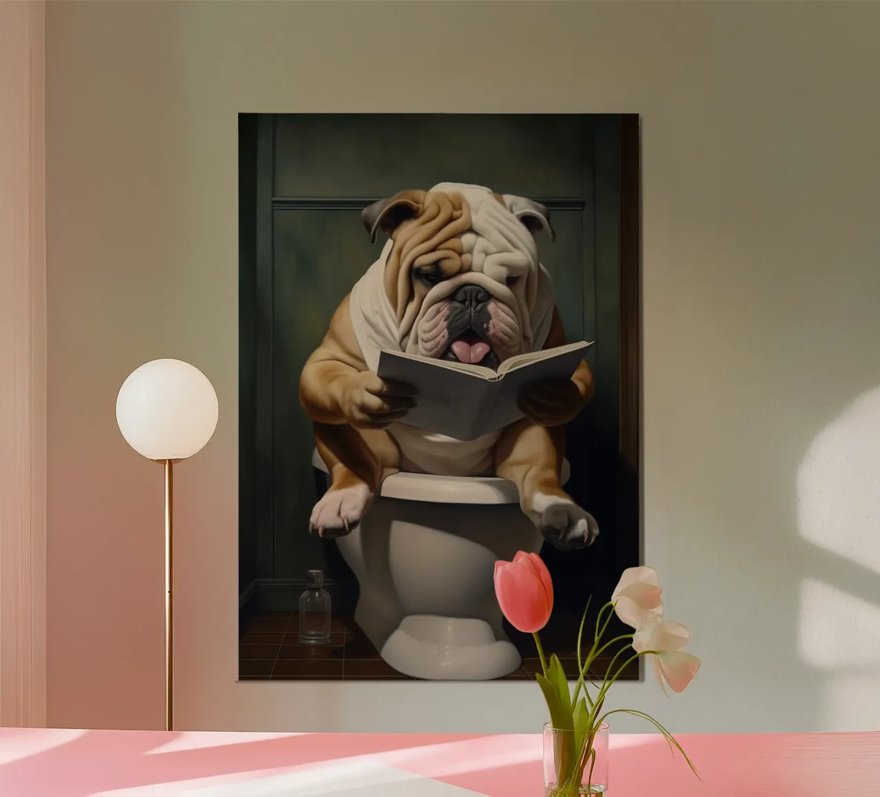 Bull Dog leyendo un libro en el retrete poster de Fleur de Lys