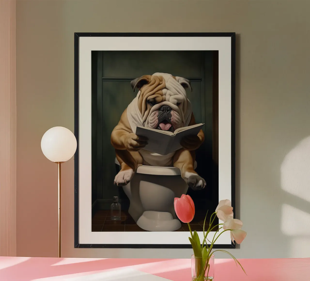 Bull Dog leyendo un libro en el retrete poster de Fleur de Lys