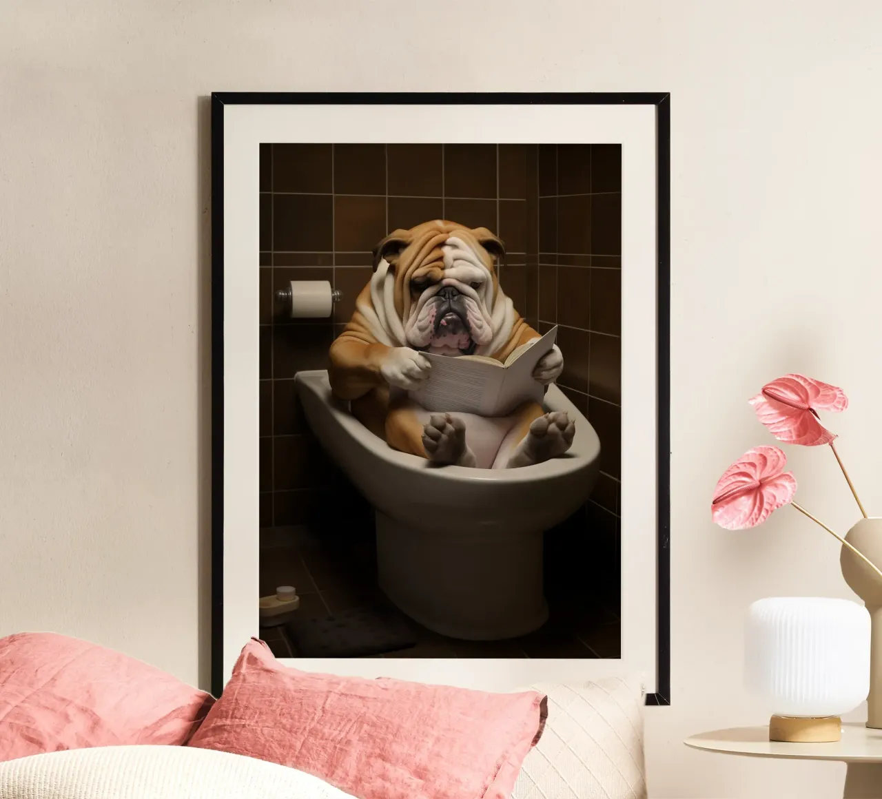 Bull Dog leyendo un libro en el retrete poster de Fleur de Lys