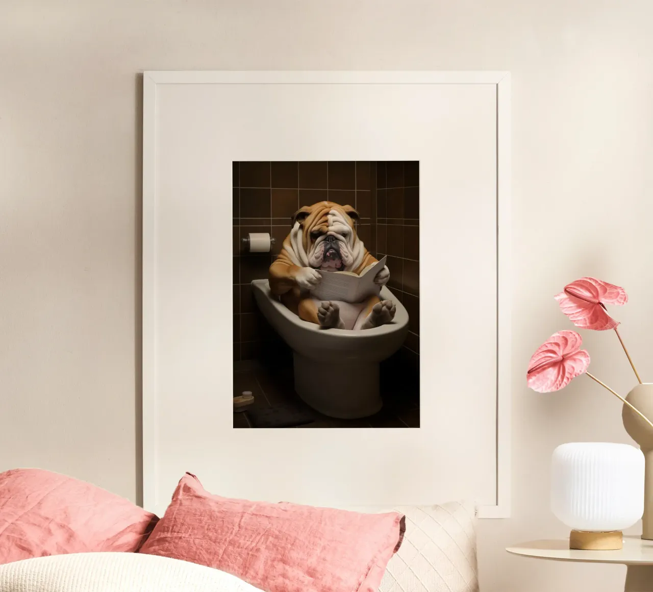 Bull Dog leyendo un libro en el retrete poster de Fleur de Lys