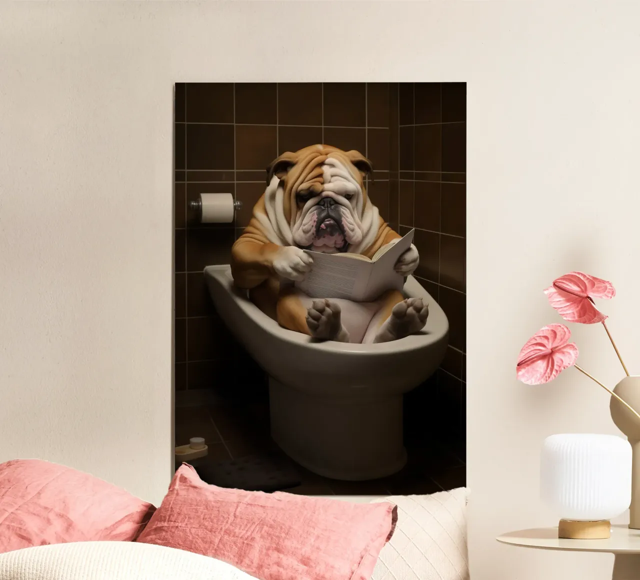 Bull Dog leyendo un libro en el retrete poster de Fleur de Lys