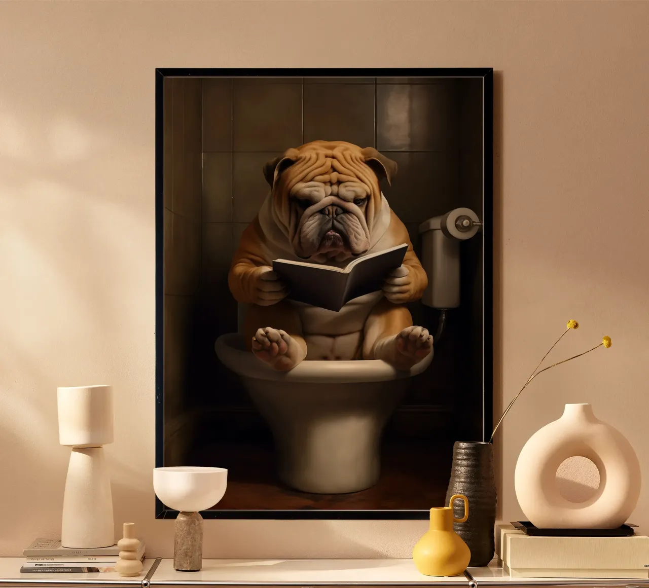 Bull Dog leyendo un libro en el retrete poster de Fleur de Lys