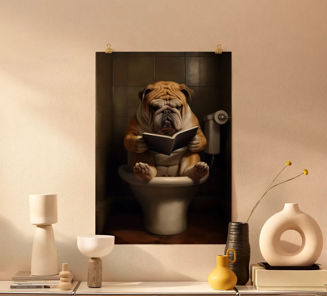 Bull Dog leyendo un libro en el retrete poster de Fleur de Lys