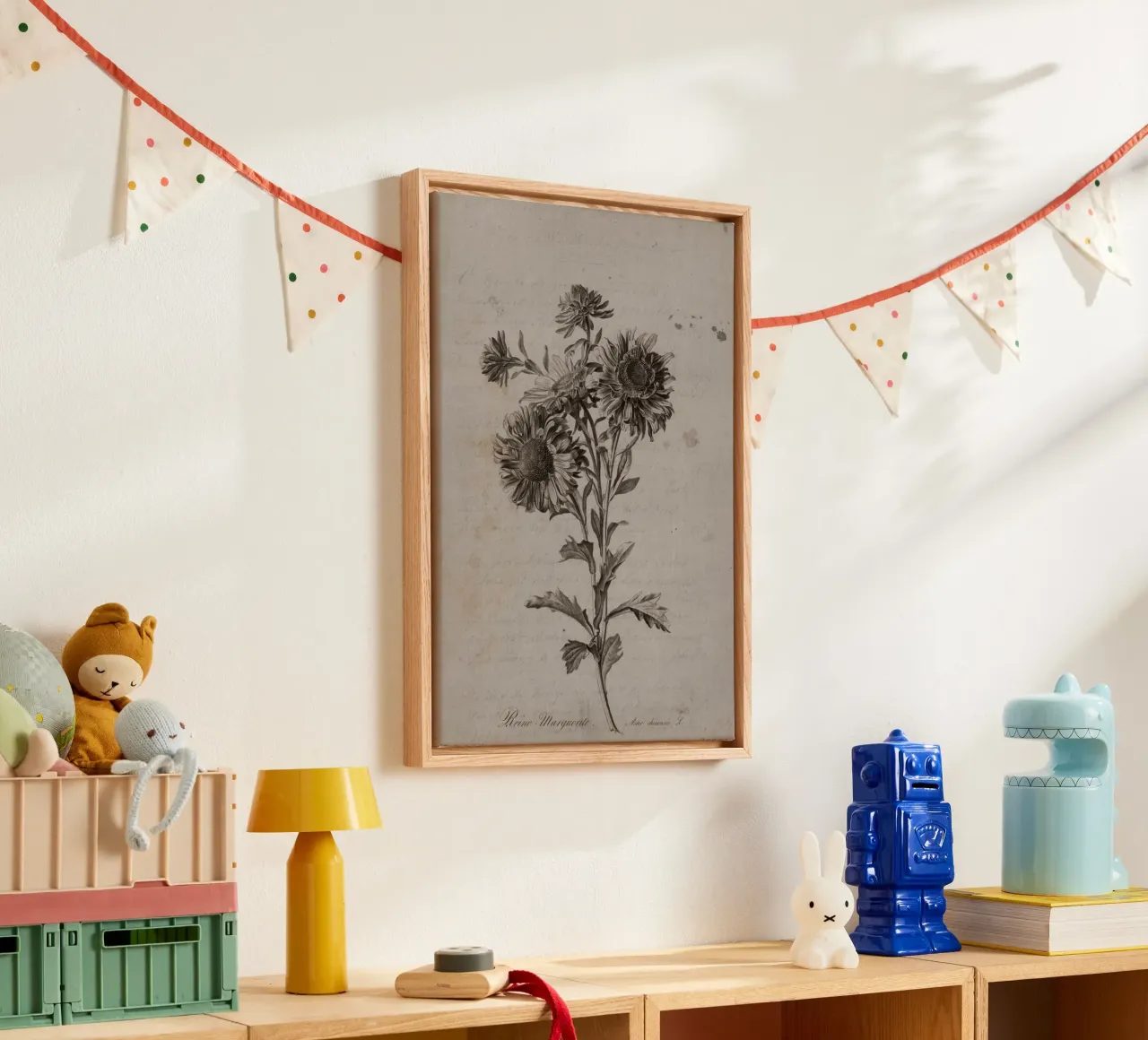 Vintage Aster Chrysant Print - Monochrome Bloemsierkunst canvas met Baklijst van ClubArt