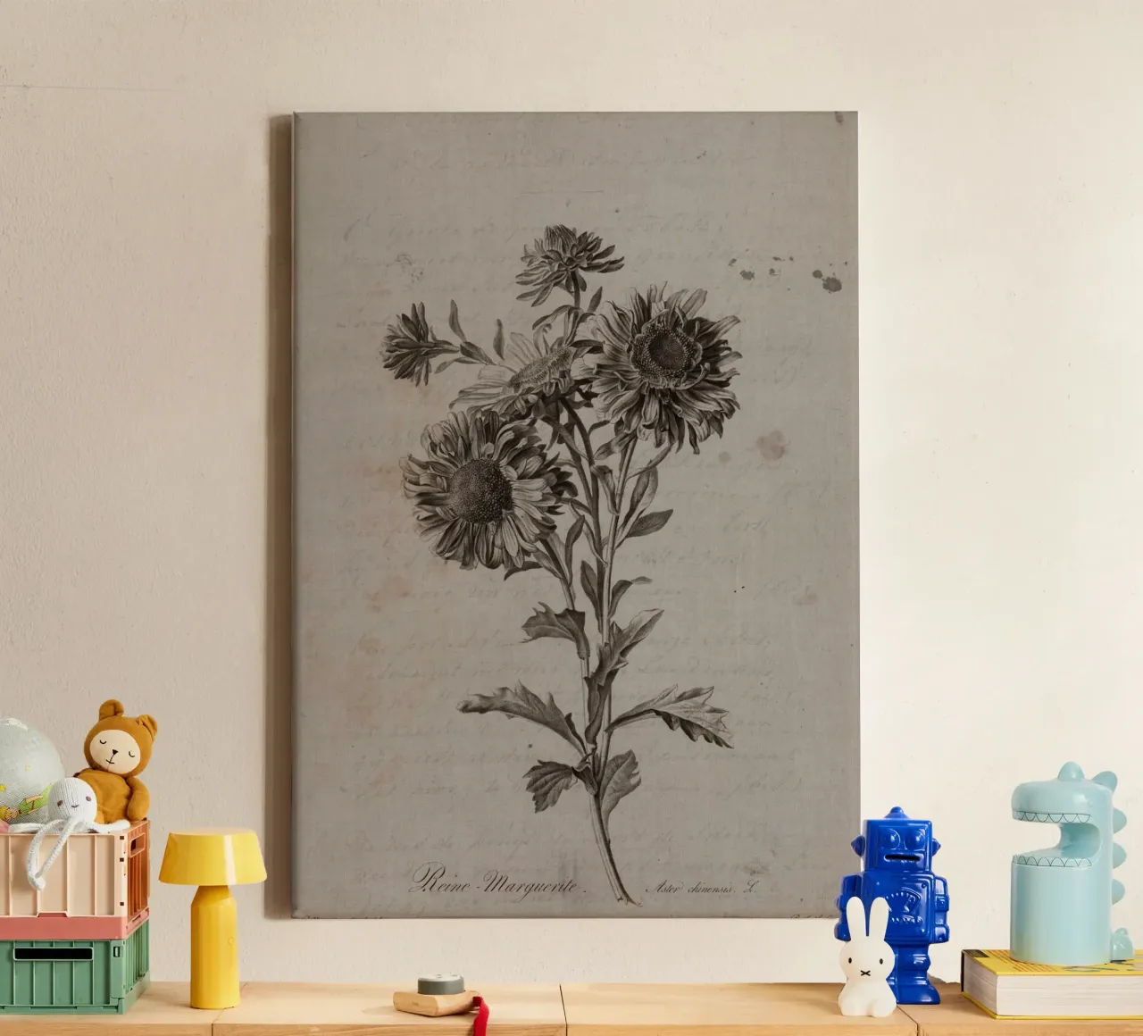 Vintage Aster Chrysant Print - Monochrome Bloemsierkunst canvas met Baklijst van ClubArt
