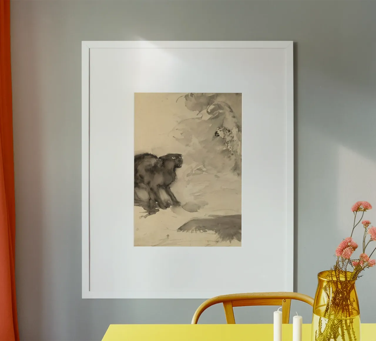 Vintage Feline & Bird Confrontation - Expressive Animal Art poster with plastic frame by ClubArt