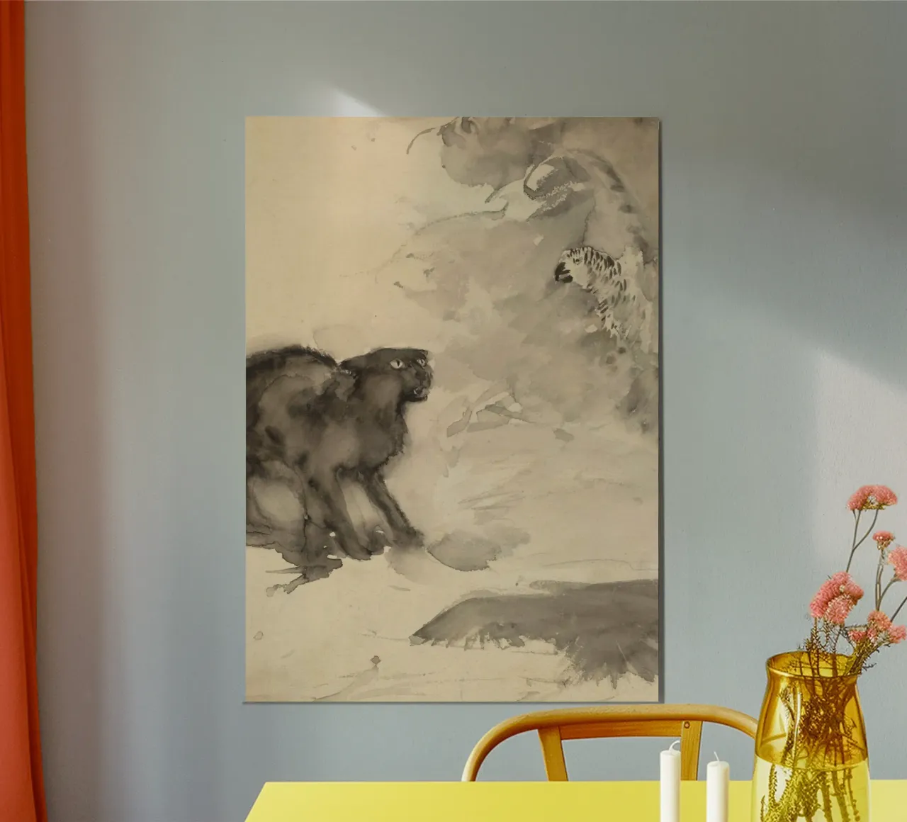 Vintage Feline & Bird Confrontation - Expressive Animal Art poster with plastic frame by ClubArt