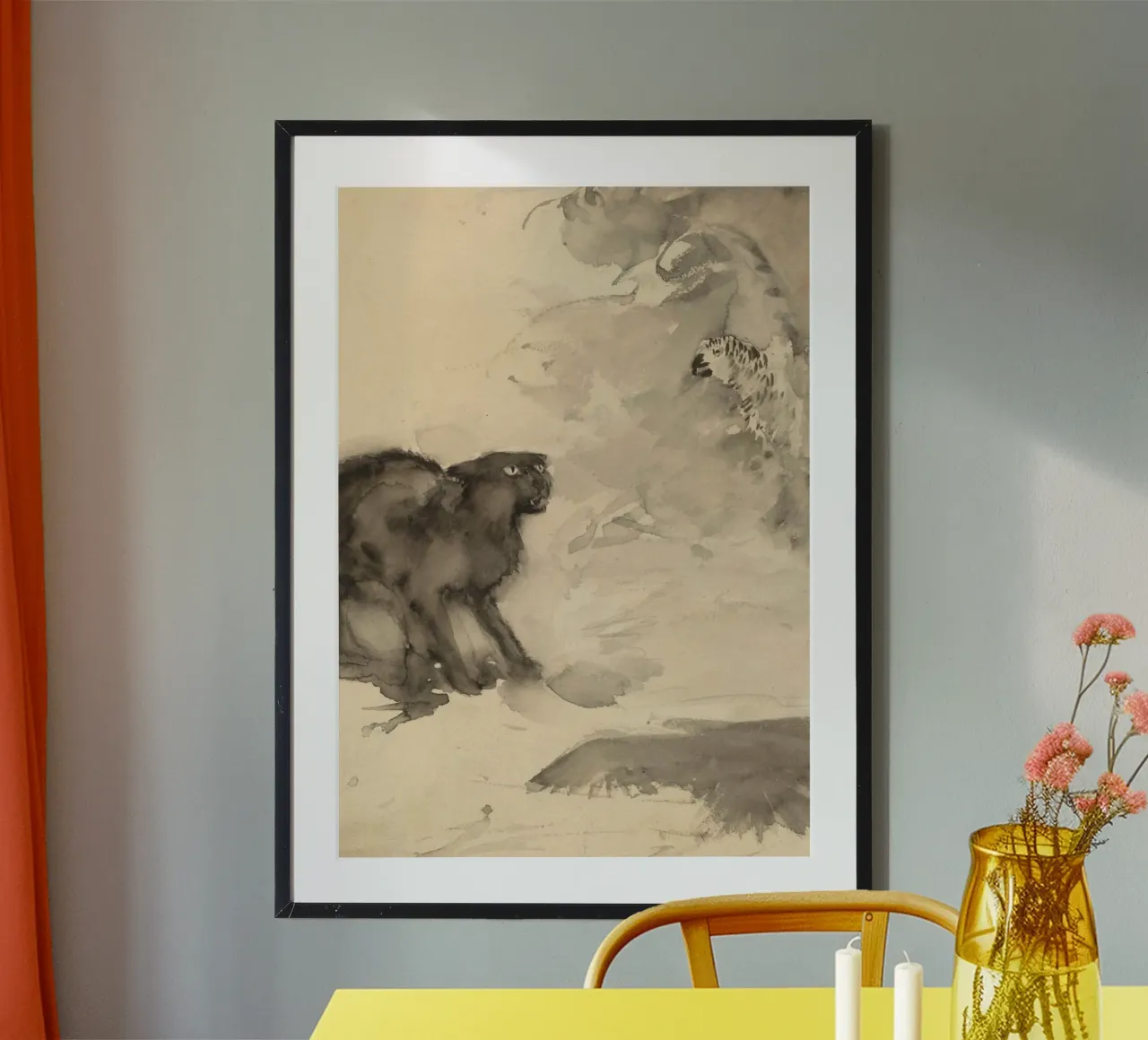 Vintage Feline & Bird Confrontation - Expressive Animal Art poster with plastic frame by ClubArt