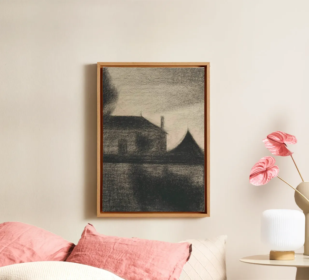 Moody House at Dusk - Atmospheric Charcoal Landscape Art canvas with Floater frame by ClubArt
