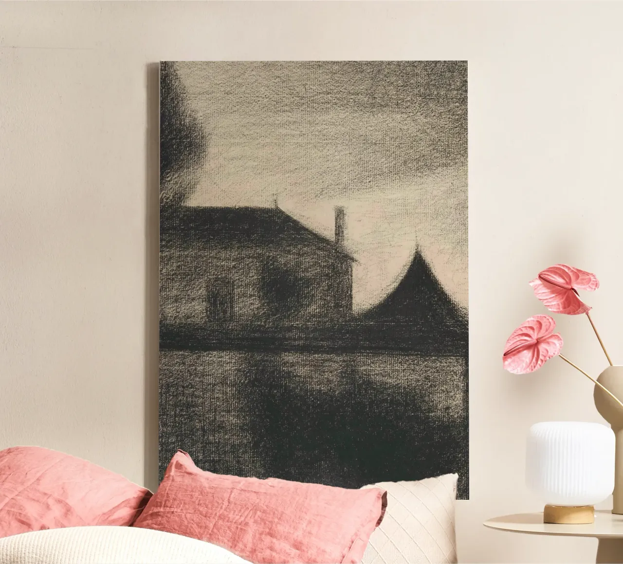 Moody House at Dusk - Atmospheric Charcoal Landscape Art canvas with Floater frame by ClubArt