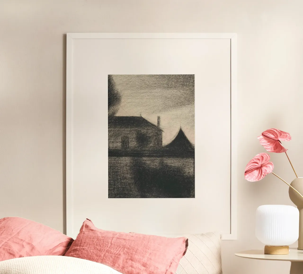 Casa lunatica al crepuscolo - Paesaggio atmosferico a carboncino poster con telaio in legno da ClubArt