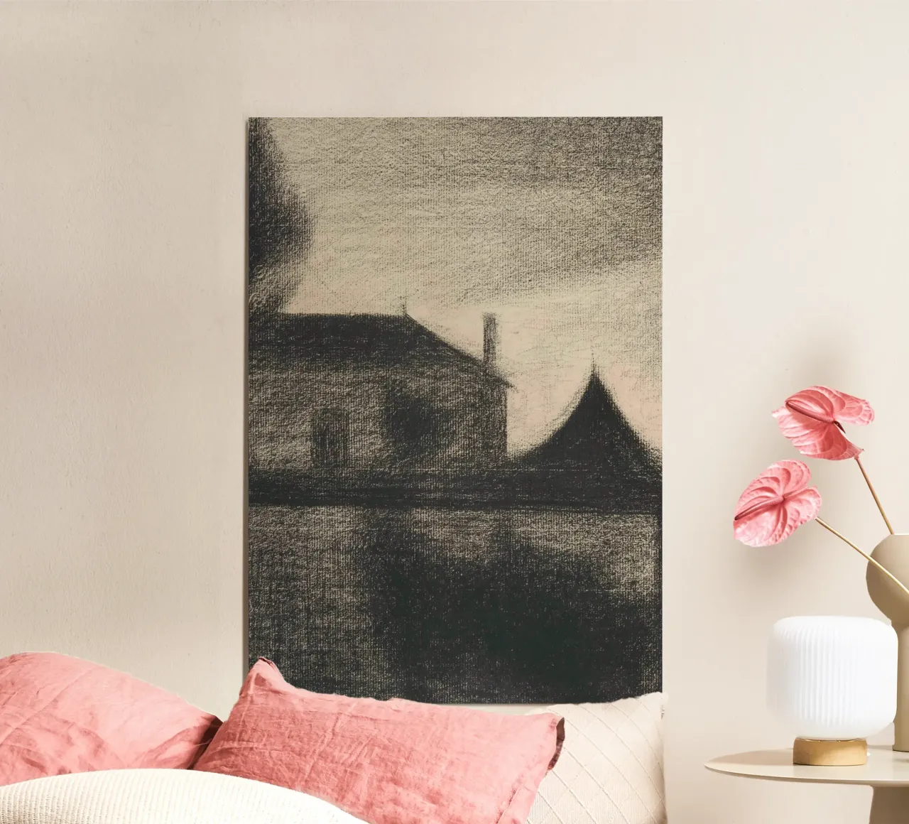 Casa lunatica al crepuscolo - Paesaggio atmosferico a carboncino poster con telaio in legno da ClubArt