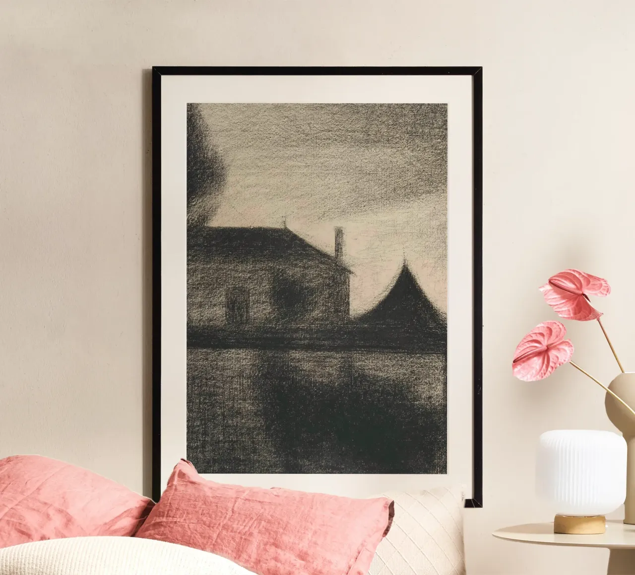 Casa lunatica al crepuscolo - Paesaggio atmosferico a carboncino poster con telaio in legno da ClubArt
