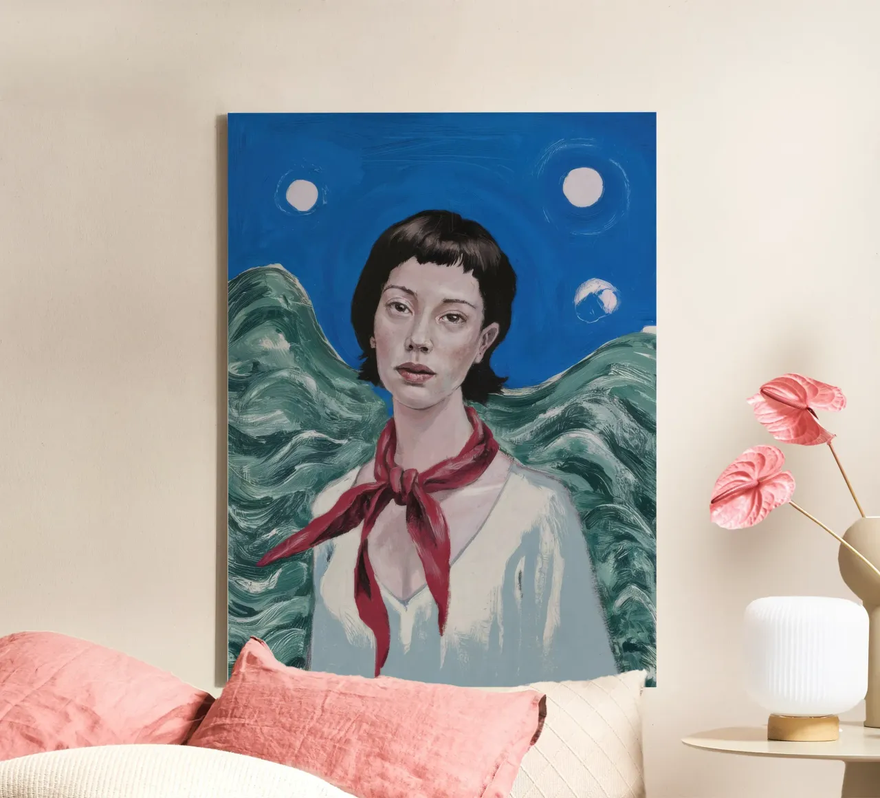 Karmijnrode sjaal piek canvas met Baklijst van Vivid Reverie