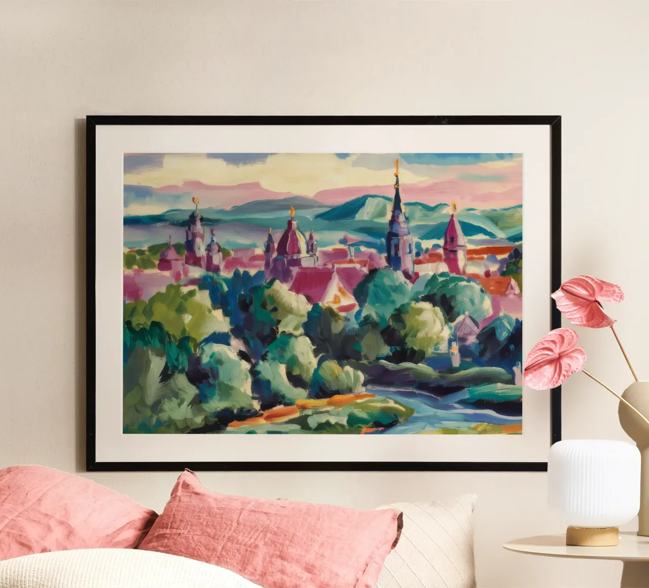 Vista Città di Hilltop poster con telaio in alluminio da Lush Essence