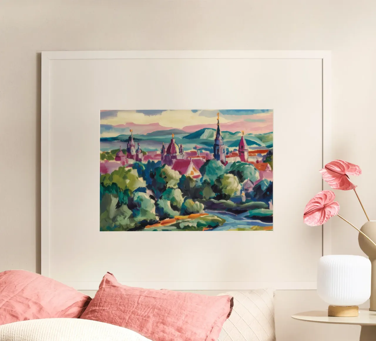 Vista Città di Hilltop poster con telaio in alluminio da Lush Essence