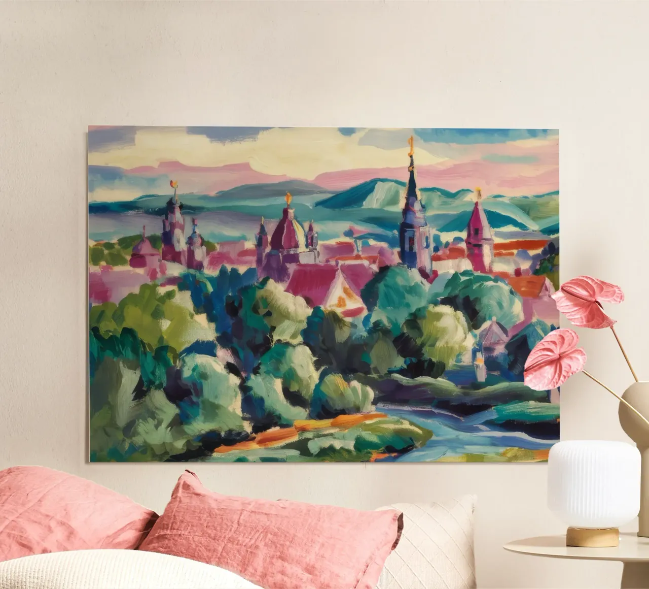 Vista Città di Hilltop poster con telaio in alluminio da Lush Essence