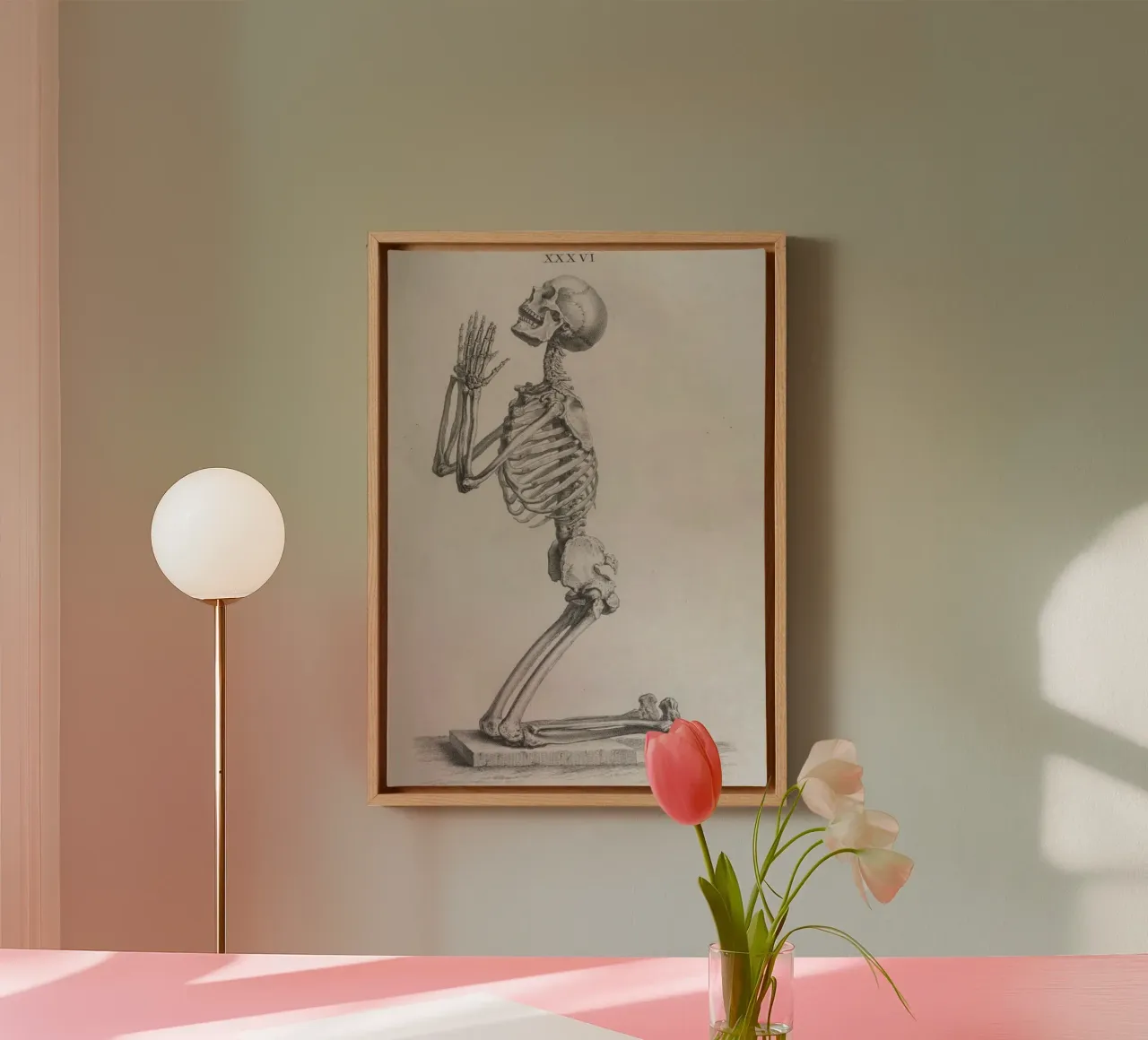 Vintage Biddend Skelet Anatomie - Dark Academia Medische Kunst canvas met Baklijst van ClubArt