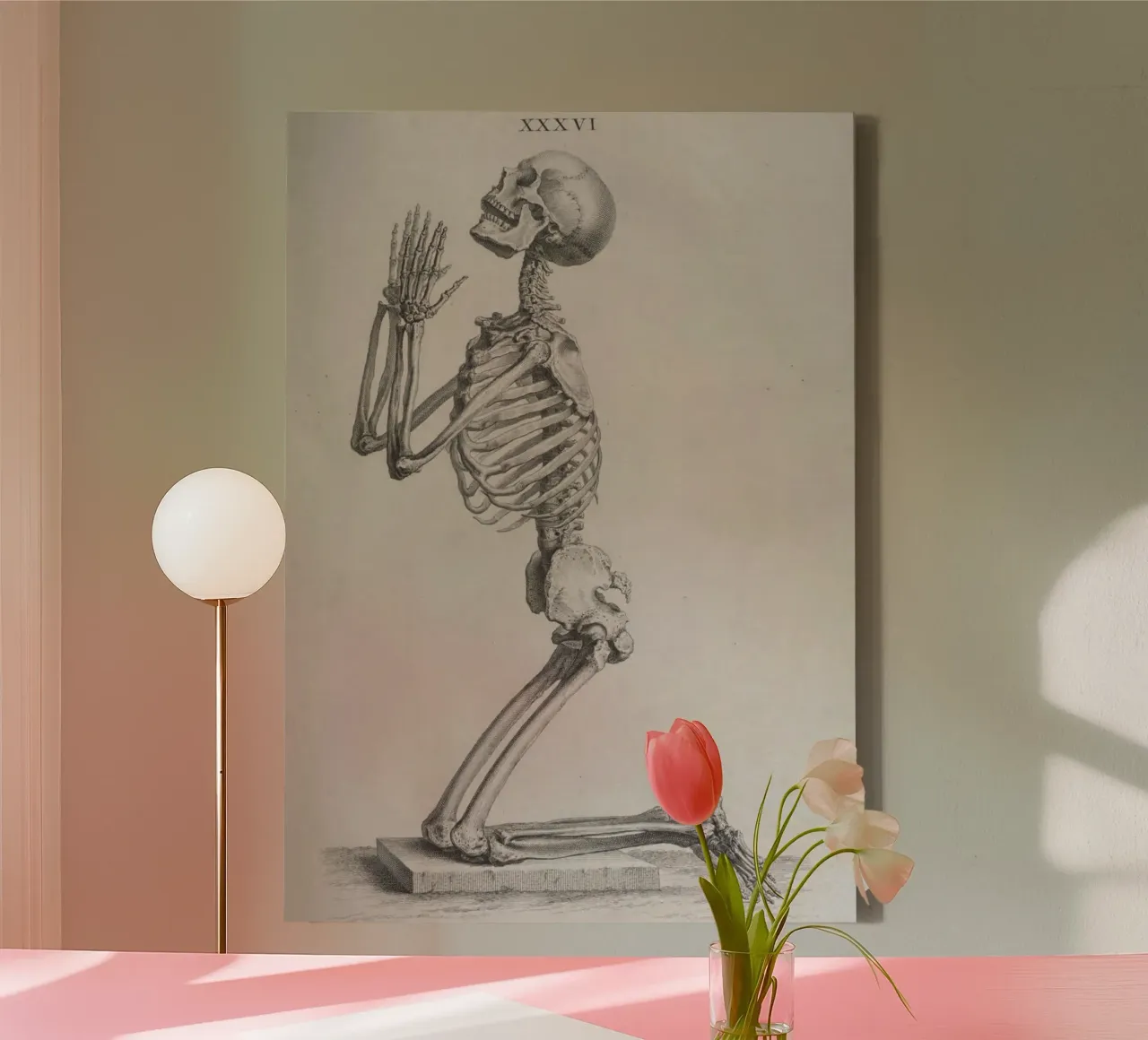 Vintage Biddend Skelet Anatomie - Dark Academia Medische Kunst canvas met Baklijst van ClubArt