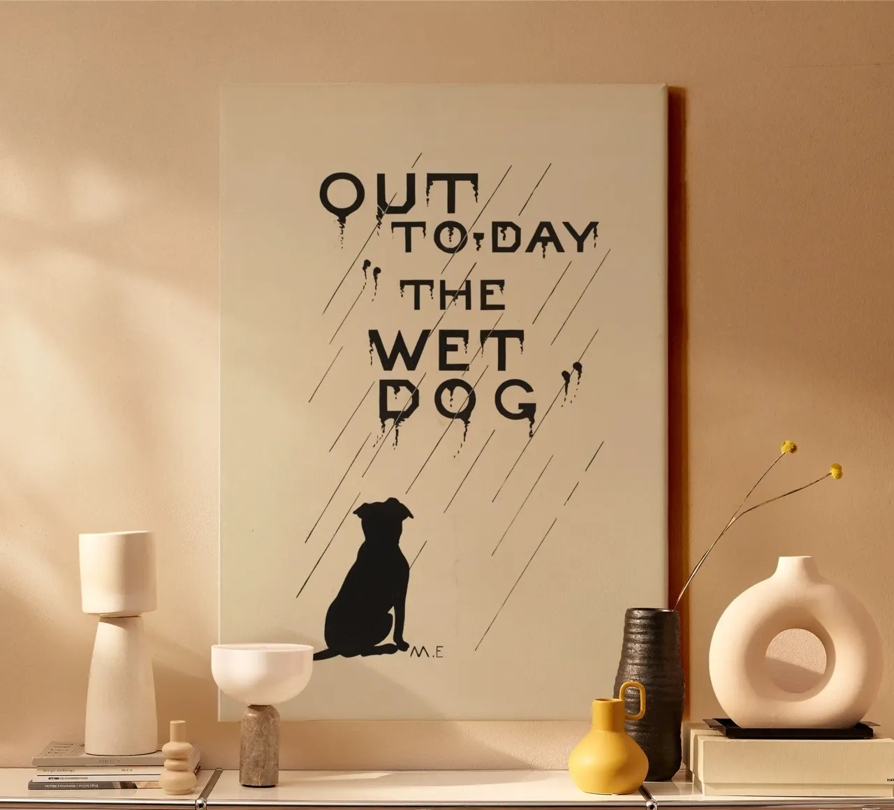 Poster d'epoca "The Wet Dog" - Cane silhouette pioggia Art tela con Cornice a cassetta da ClubArt