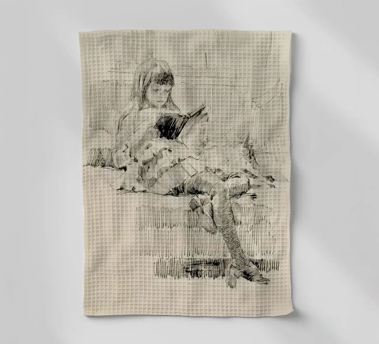 Vintage Girl Reading with Dog - Light Academia Study Art tea towel by ClubArt