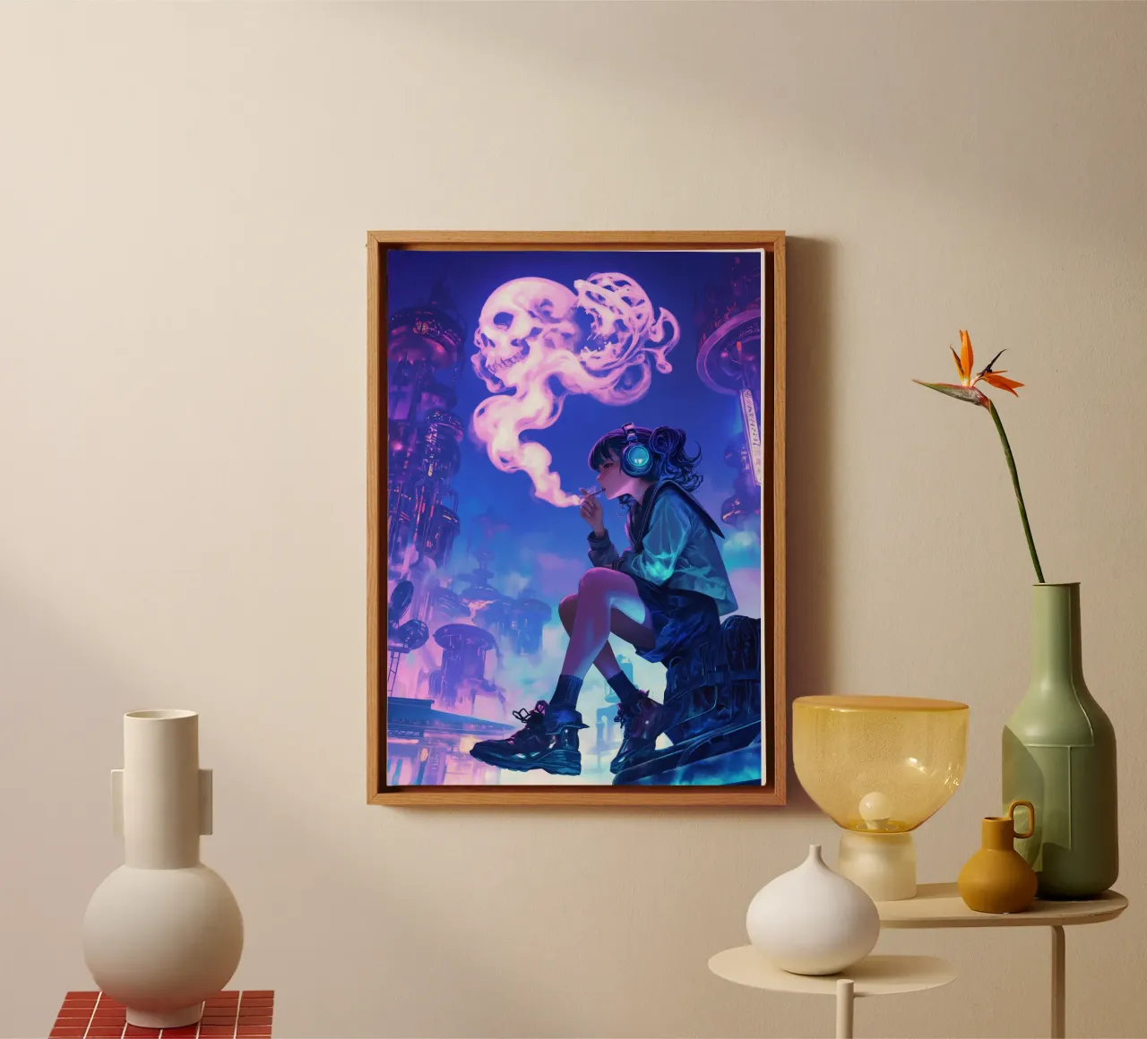 Anime Cyberpunk Ragazza che fuma tela con Cornice a cassetta da Fleur de Lys