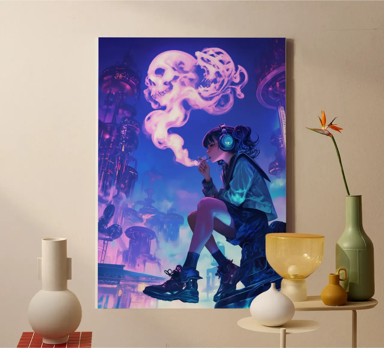 Anime Cyberpunk Ragazza che fuma tela con Cornice a cassetta da Fleur de Lys
