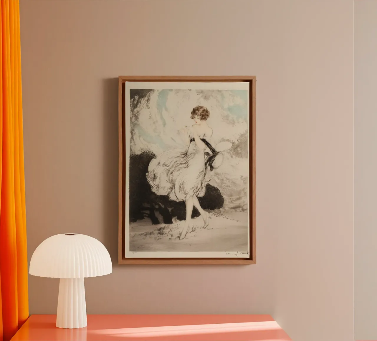 Louis Icart - Flapper in wind - Art Deco Fashion Print canvas met Baklijst van ClubArt