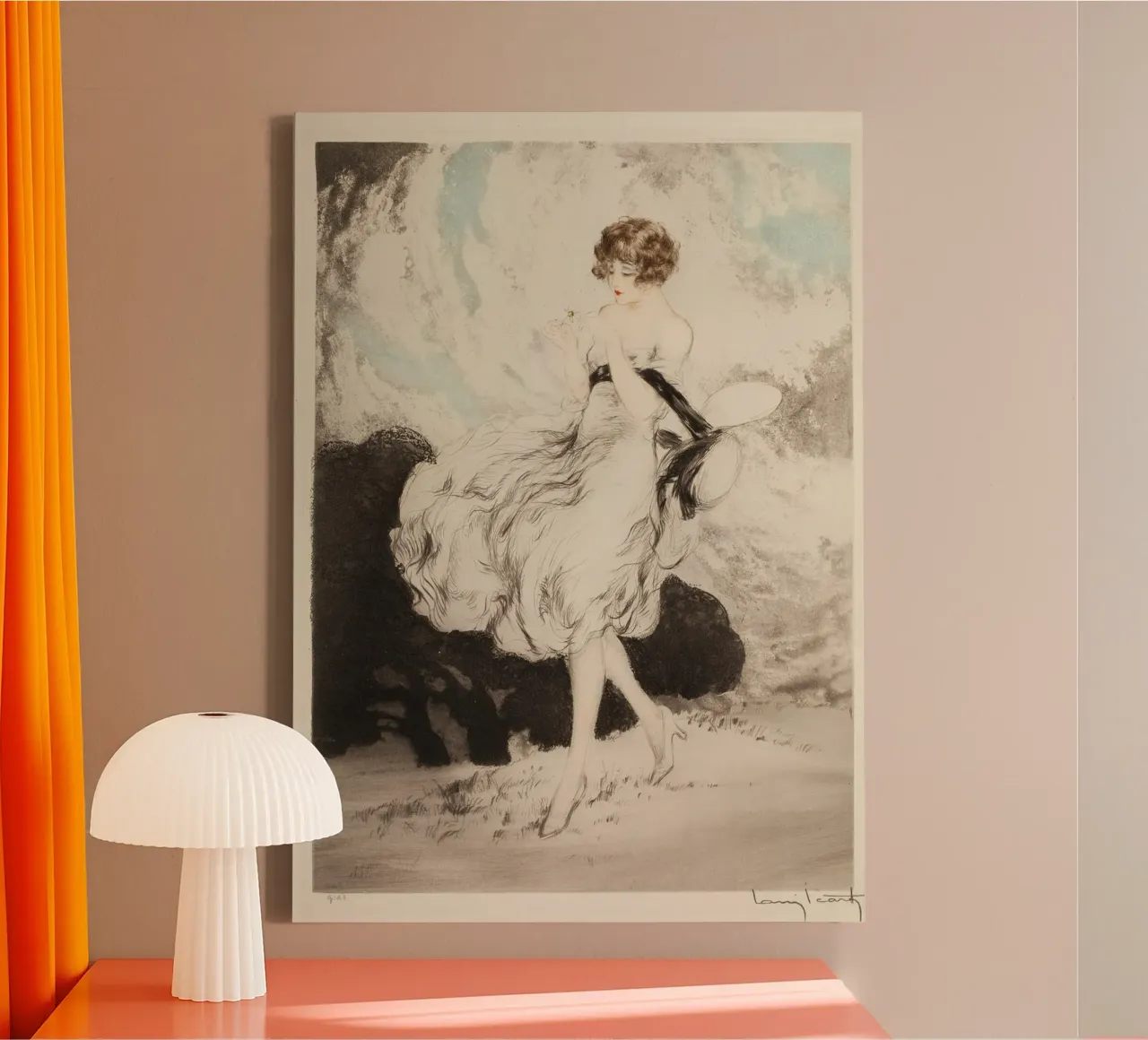Louis Icart - Flapper in wind - Art Deco Fashion Print canvas met Baklijst van ClubArt