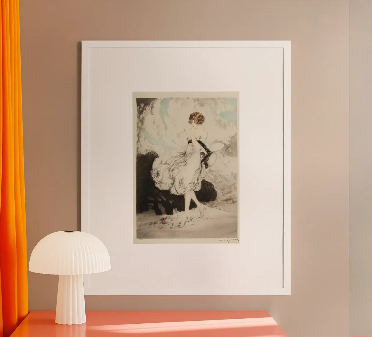 Louis Icart - Flapper in Wind - Art Deco Mode Druck Poster von ClubArt