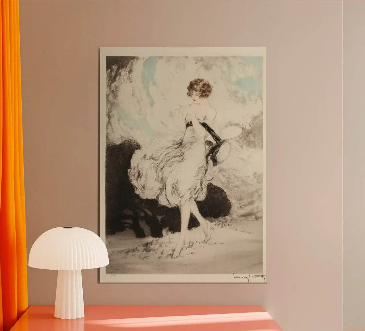 Louis Icart - Flapper in Wind - Art Deco Mode Druck Poster von ClubArt