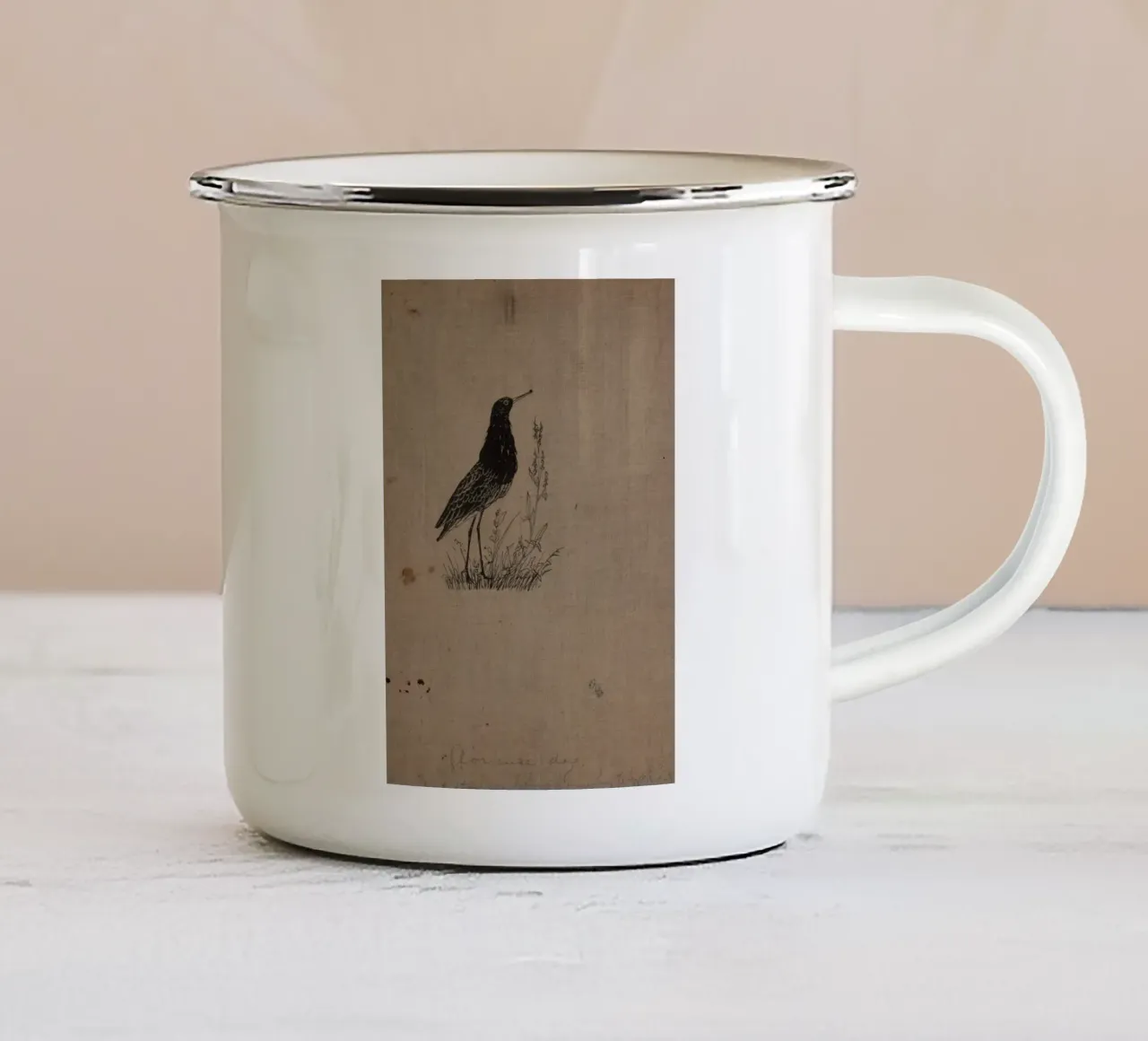 Silhouette di uccello piovanello d'annata - Incisione naturalistica tazza in smalto da ClubArt