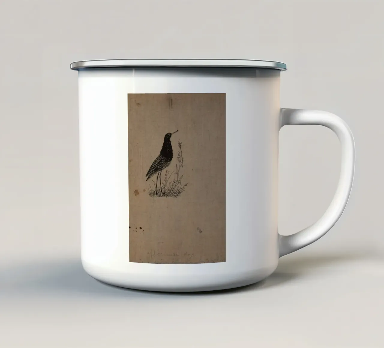 Silhouette di uccello piovanello d'annata - Incisione naturalistica tazza in smalto da ClubArt