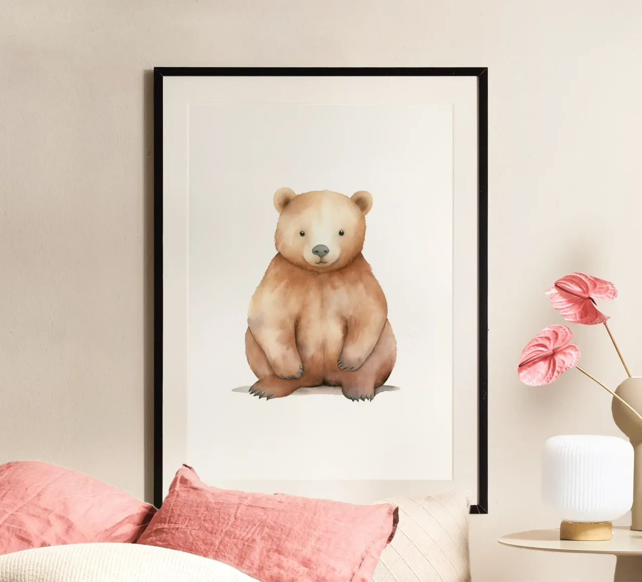 Stampa acquerellata di un orsetto paffuto - Decorazione per la cameretta del bosco poster con telaio in legno da ClubArt