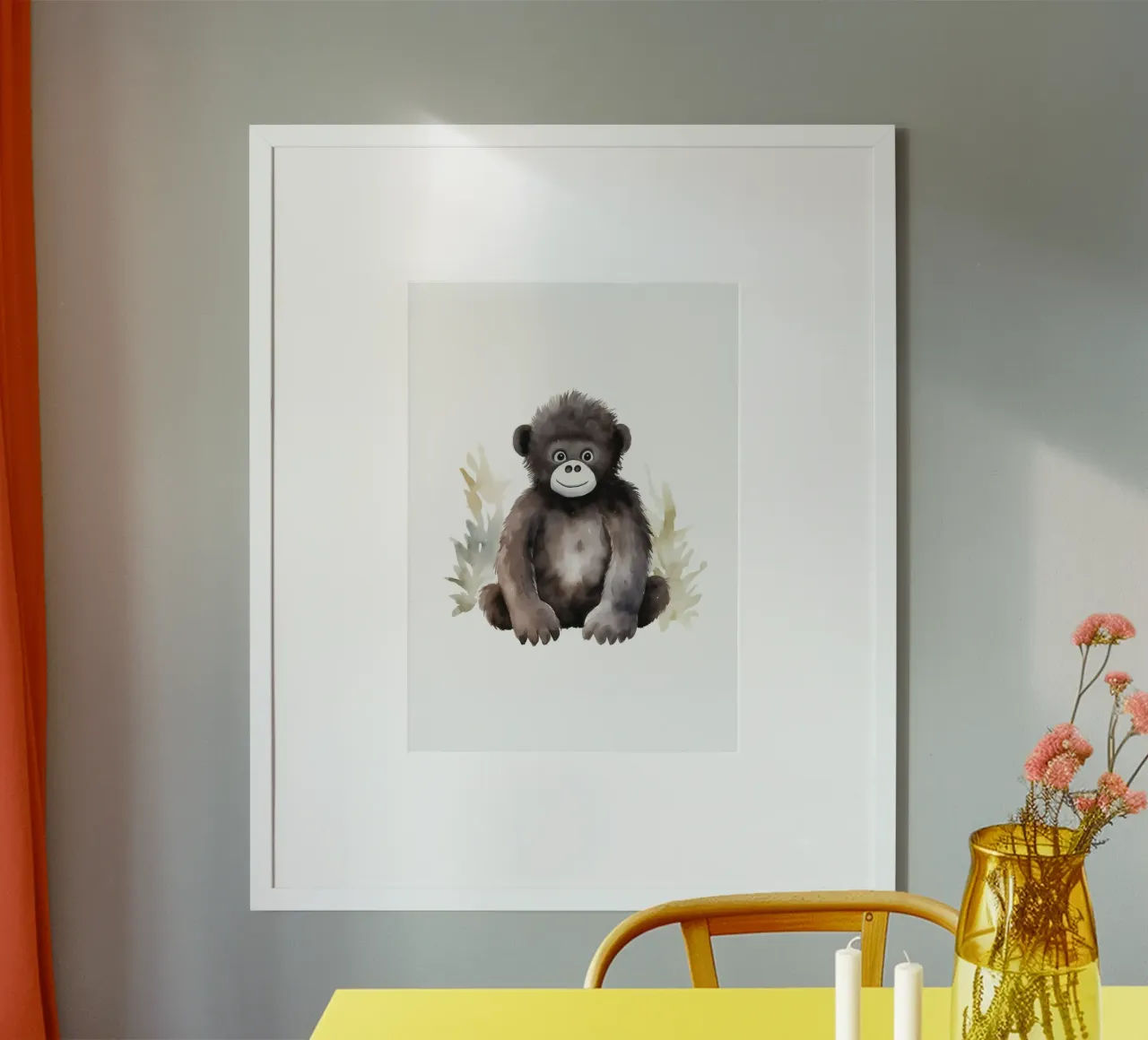 Stampa acquerellata di un simpatico gorilla - Arte vivaistica della giungla poster con telaio in plastica da ClubArt
